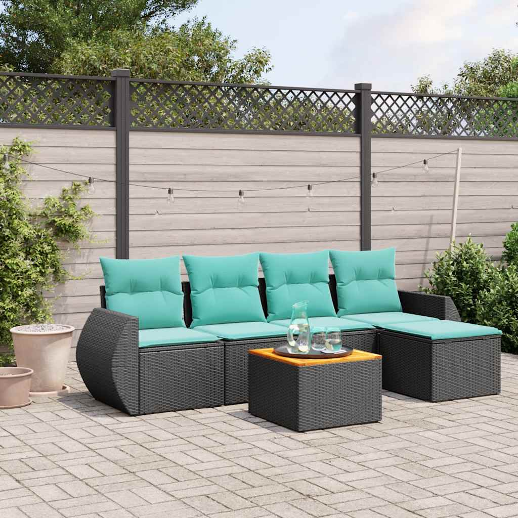 6-teiliges Gartensofa-Set mit Kissen, schwarzes Polyrattan