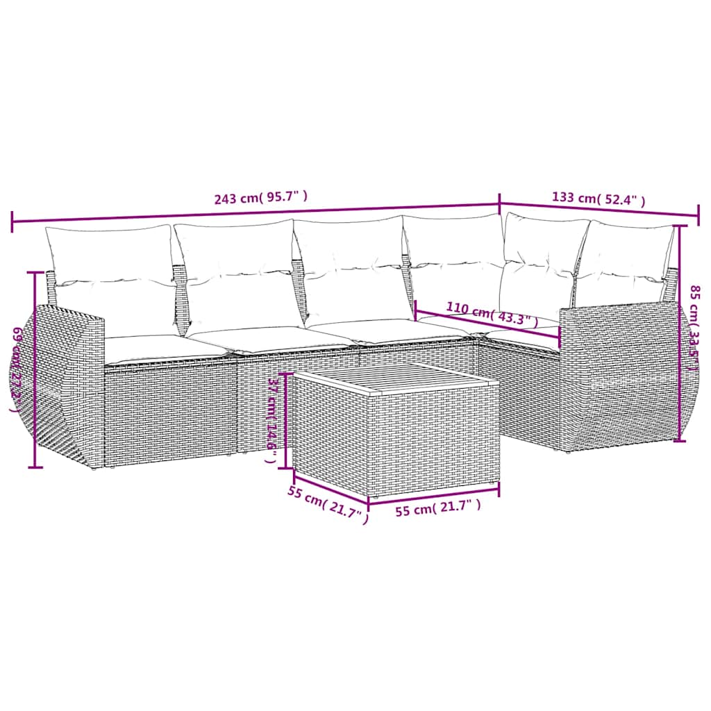 6-teiliges Gartensofa-Set mit Kissen, schwarzes Polyrattan