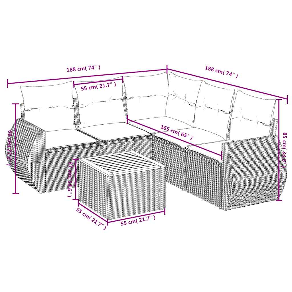 6-teiliges Gartensofa-Set mit Kissen, schwarzes Polyrattan