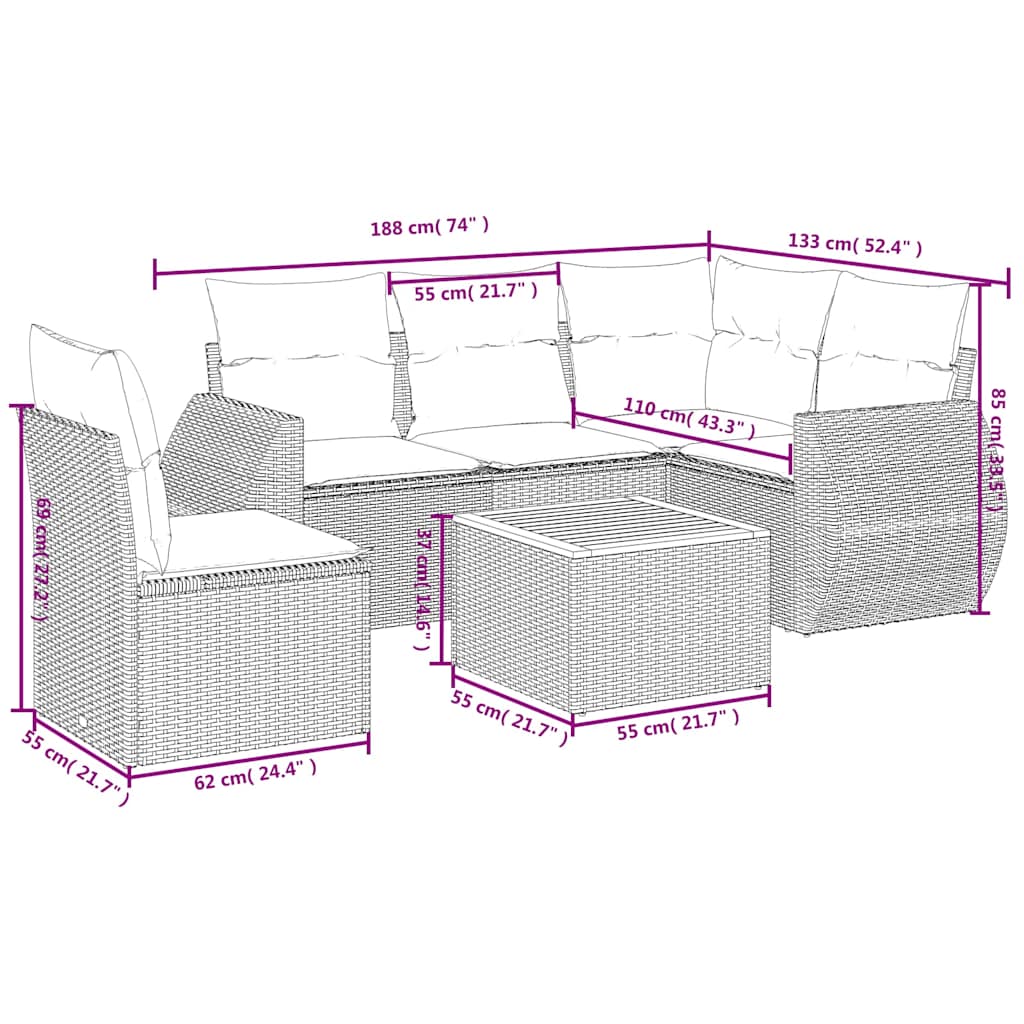 6-teiliges Gartensofa-Set mit Kissen, schwarzes Polyrattan