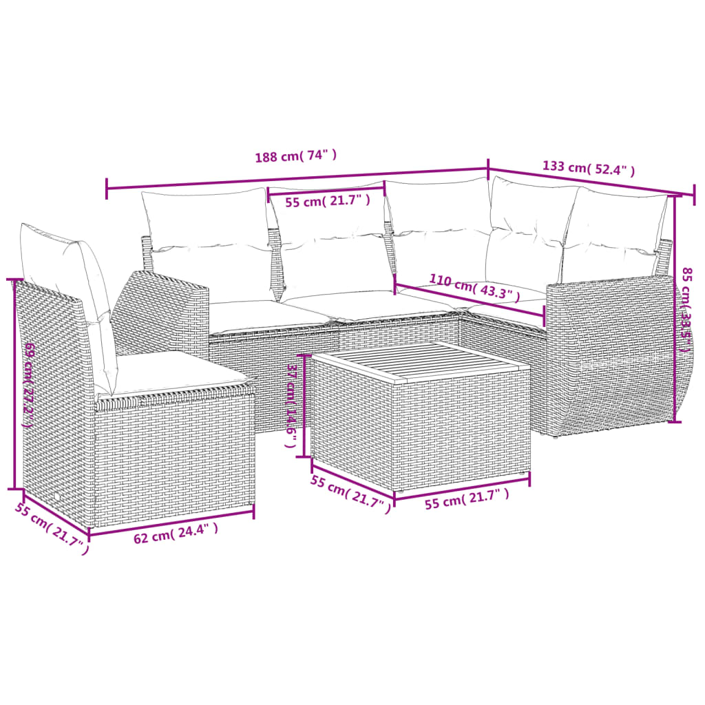 6-teiliges Gartensofa-Set mit Kissen, grau, Polyrattan