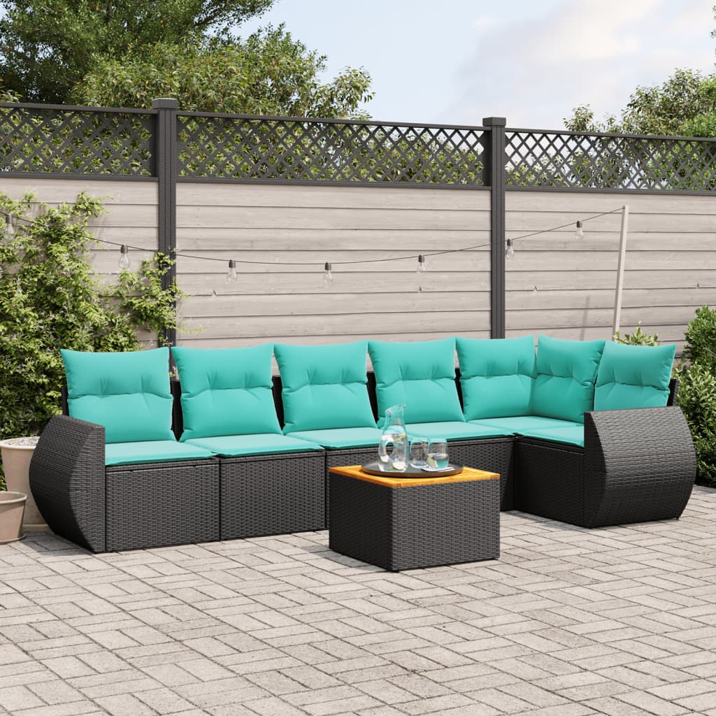 7-teiliges Gartensofa-Set mit Kissen, schwarzes Polyrattan