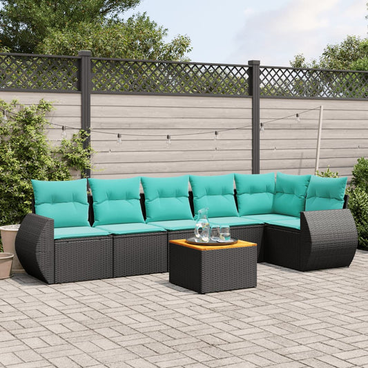 7-teiliges Gartensofa-Set mit Kissen, schwarzes Polyrattan