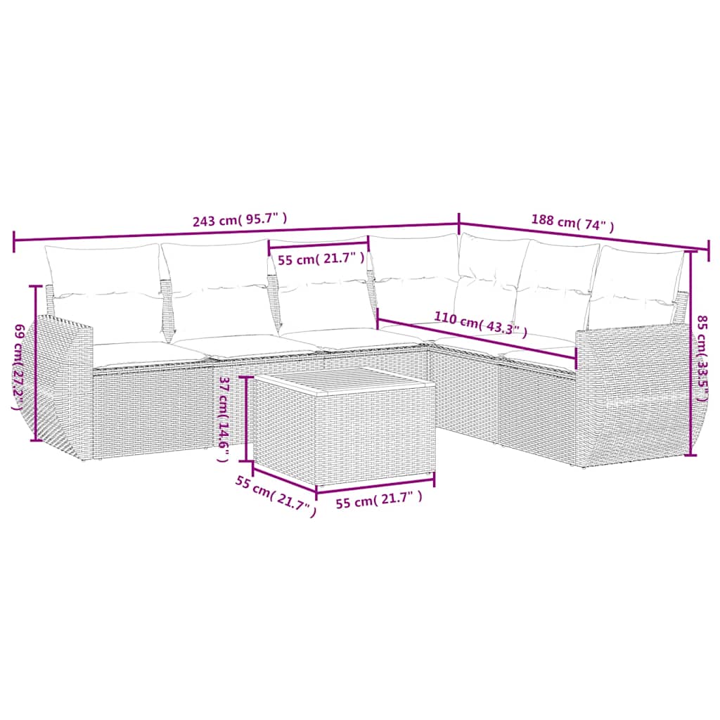 7-teiliges Gartensofa-Set mit Kissen, schwarzes Polyrattan