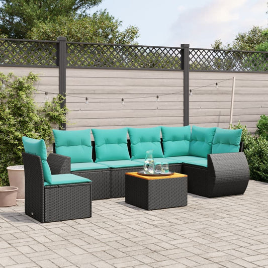 7-teiliges Gartensofa-Set mit Kissen, schwarzes Polyrattan
