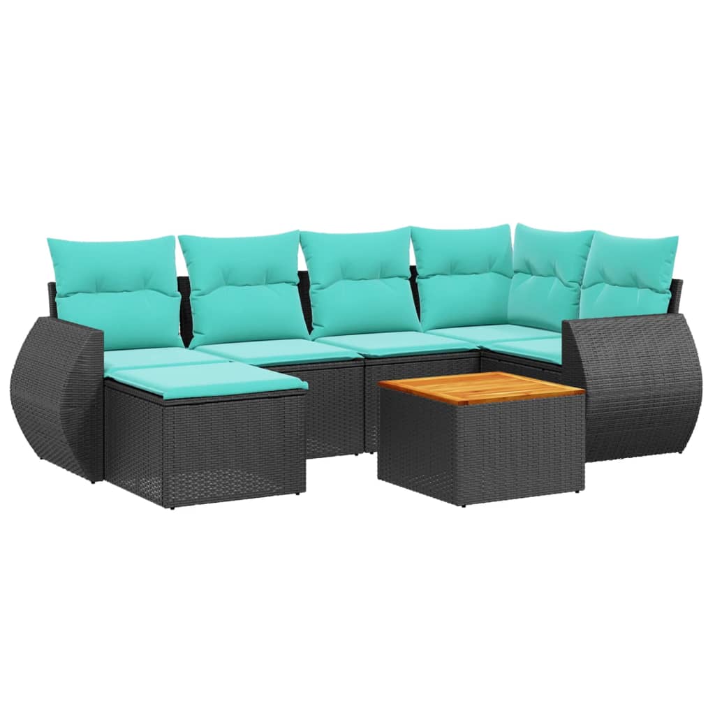 7-teiliges Gartensofa-Set mit Kissen, schwarzes Polyrattan