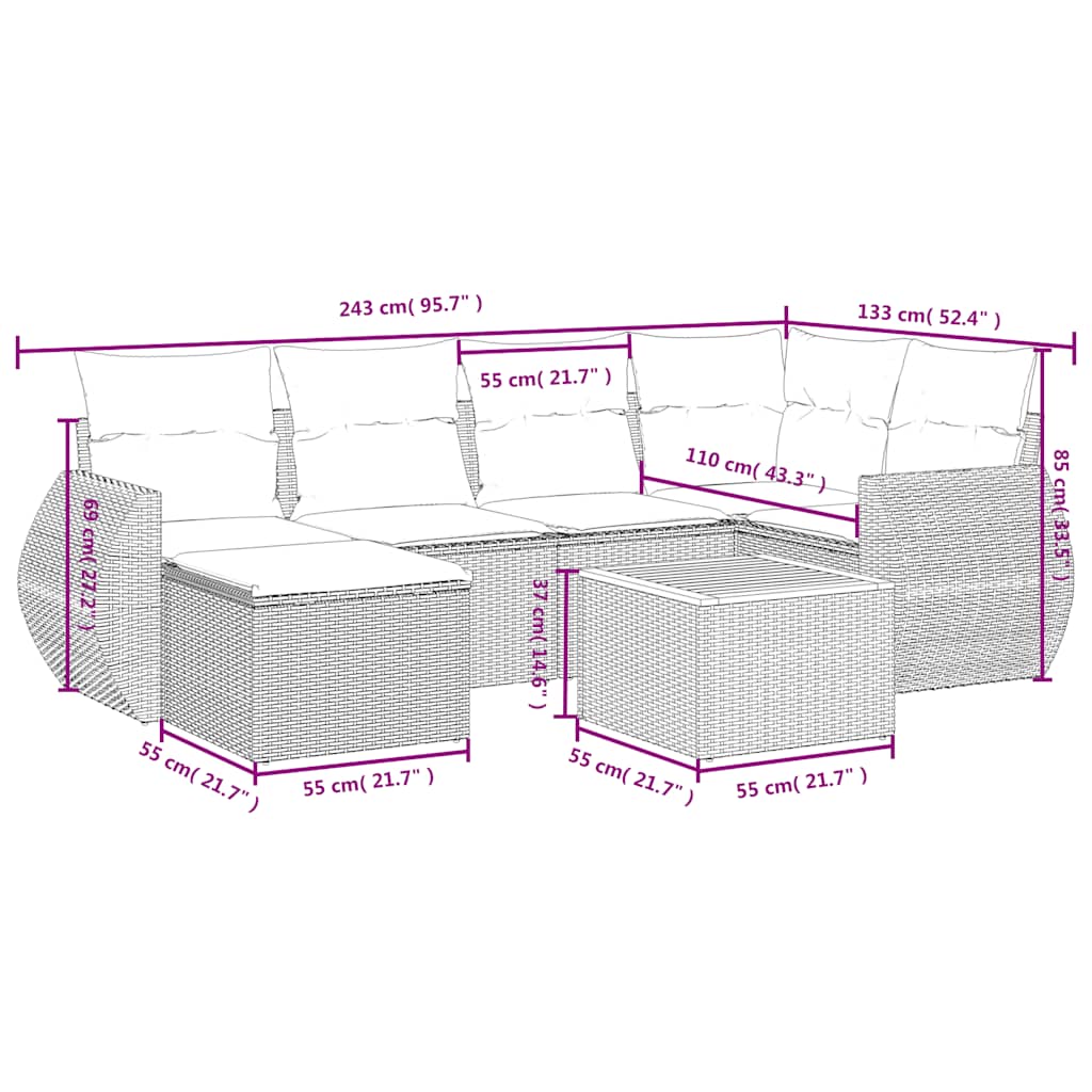 7-teiliges Gartensofa-Set mit Kissen, schwarzes Polyrattan