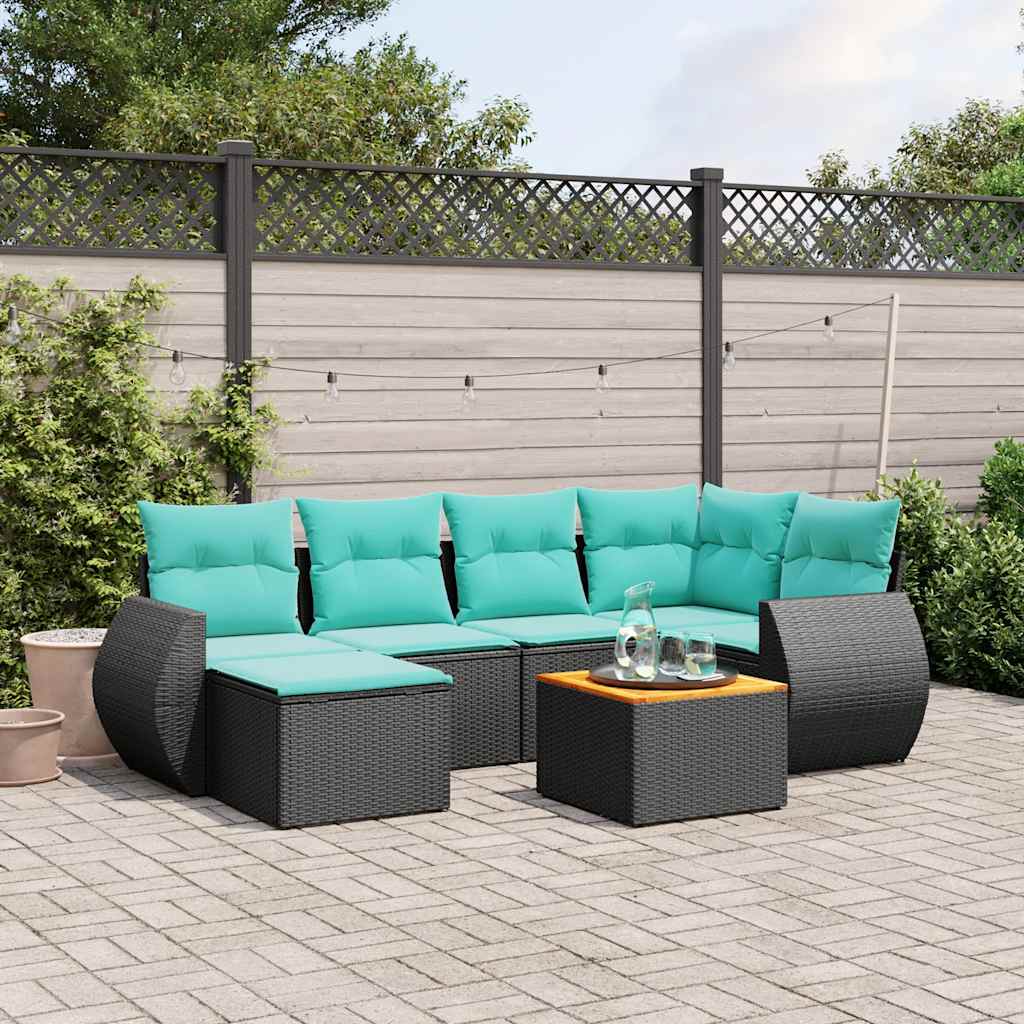 7-teiliges Gartensofa-Set mit Kissen, schwarzes Polyrattan