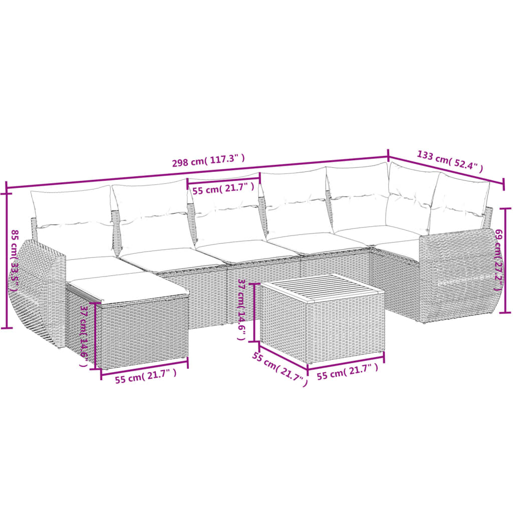 8-teiliges Gartensofa-Set mit Kissen, grau, Polyrattan