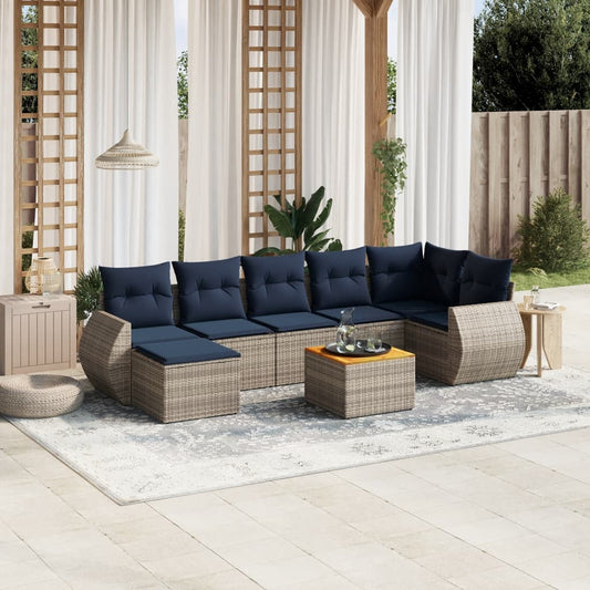 8-teiliges Gartensofa-Set mit Kissen, grau, Polyrattan