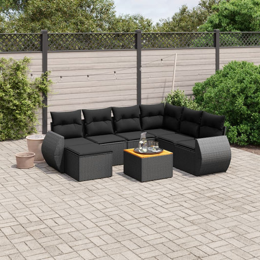 8-piece garden sofa set with cushions, black poly rattan
