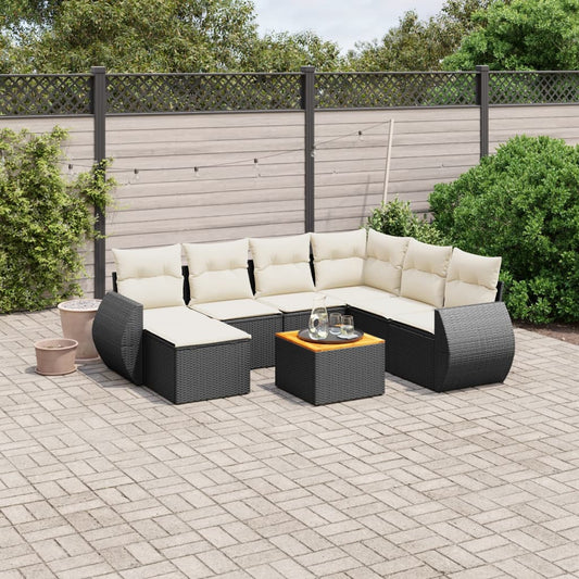 8-piece garden sofa set with cushions, black poly rattan