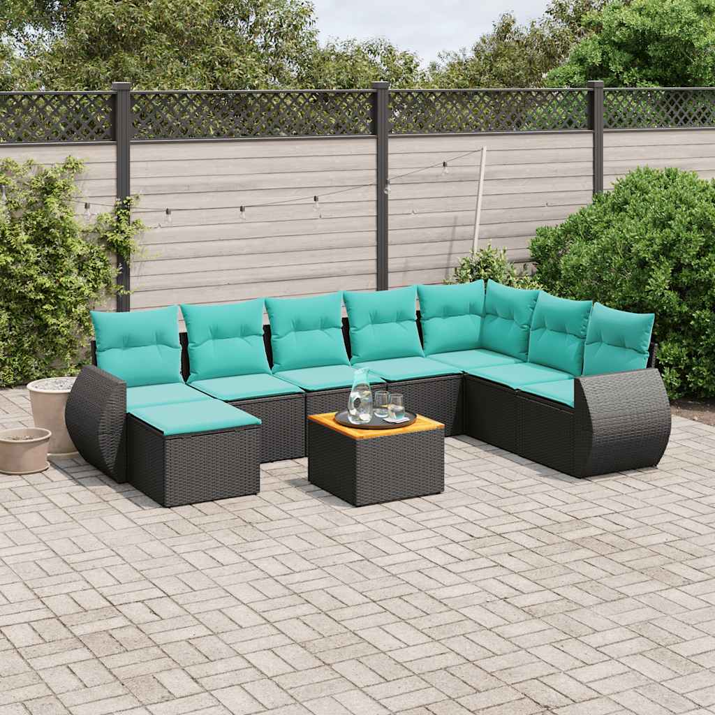 9-teiliges Gartensofa-Set mit Kissen, schwarzes Polyrattan