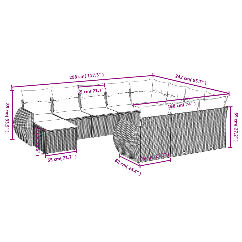 11-teiliges Gartensofa-Set mit Kissen, schwarzes Polyrattan