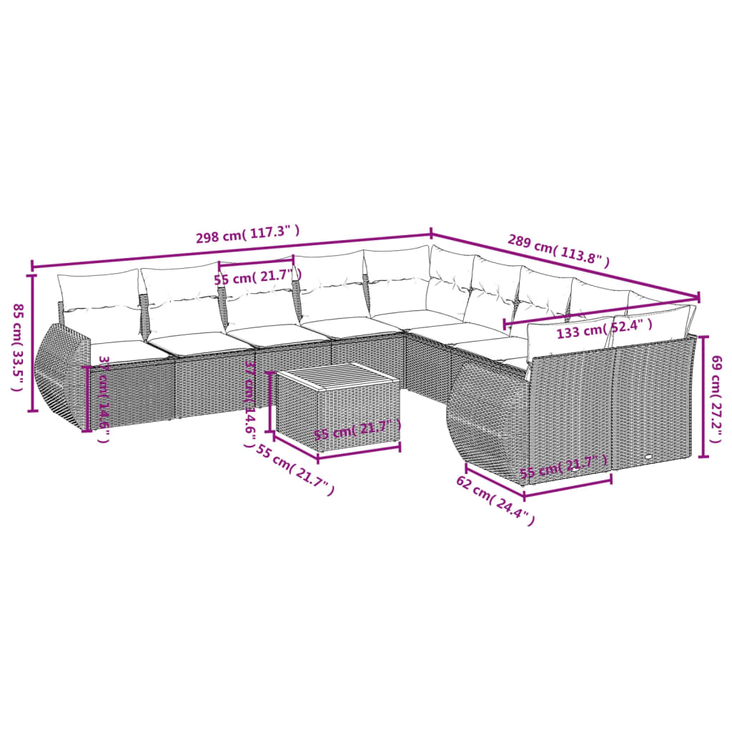 11-teiliges Gartensofa-Set mit Kissen, grau, Polyrattan