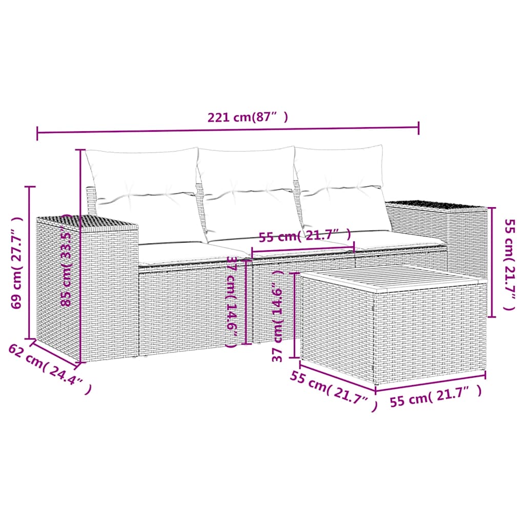4-tlg. Garten-Sofagarnitur mit Kissen Schwarz Poly Rattan