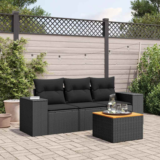 4-tlg. Garten-Sofagarnitur mit Kissen Schwarz Poly Rattan