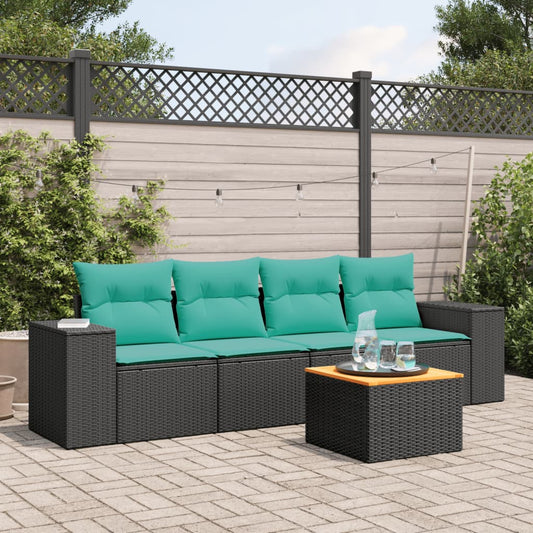 5-tlg. Garten-Sofagarnitur mit Kissen Schwarz Poly Rattan