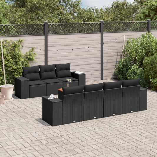 8-piece garden sofa set with cushions, black poly rattan