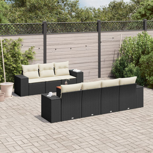8-piece garden sofa set with cushions, black poly rattan