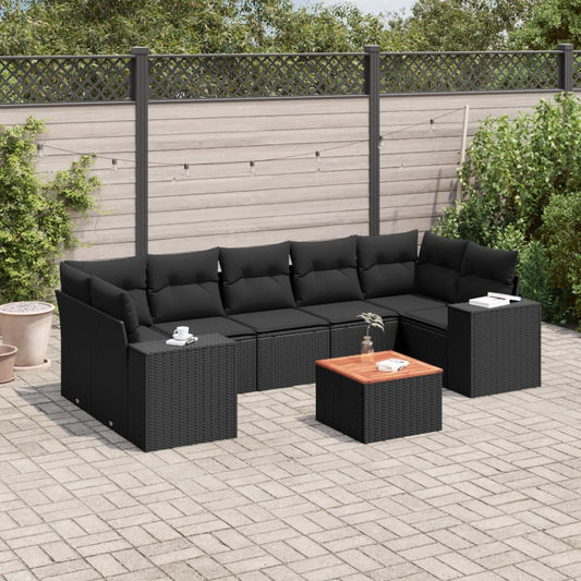 8-piece garden sofa set with cushions, black poly rattan