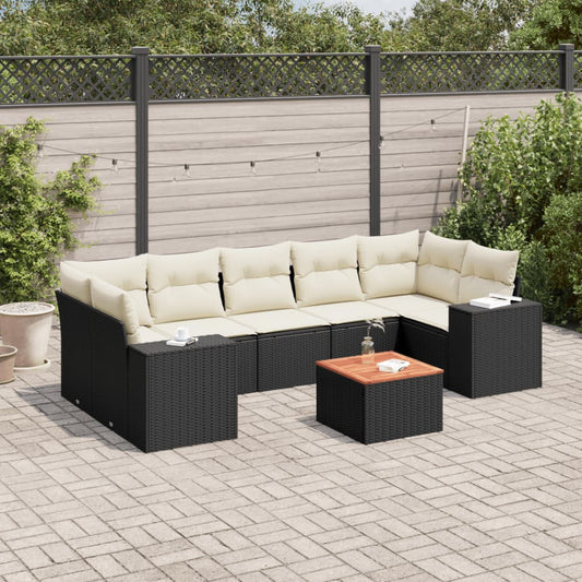 8-piece garden sofa set with cushions, black poly rattan