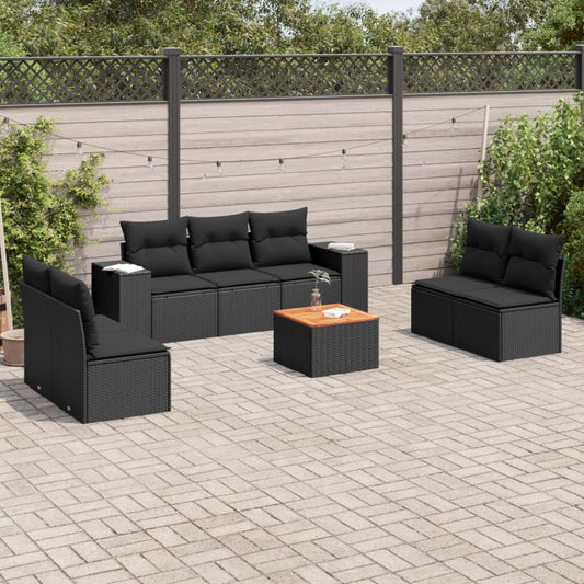 8-piece garden sofa set with cushions, black poly rattan