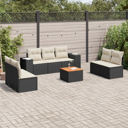 8-piece garden sofa set with cushions, black poly rattan