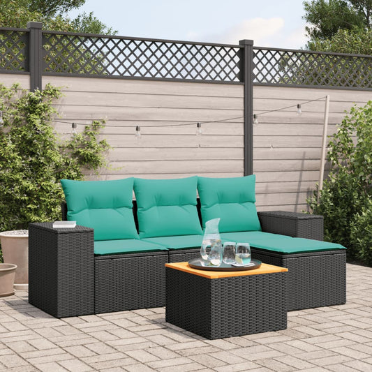 5-tlg. Garten-Sofagarnitur mit Kissen Schwarz Poly Rattan