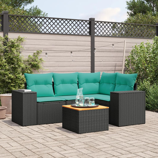 5-tlg. Garten-Sofagarnitur mit Kissen Schwarz Poly Rattan
