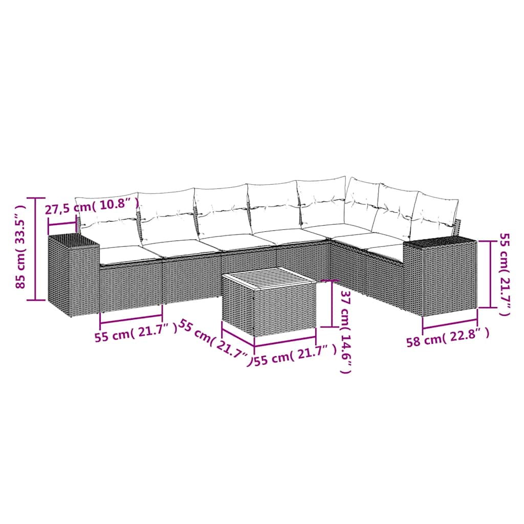 8-tlg. Garten-Sofagarnitur mit Kissen Schwarz Poly Rattan