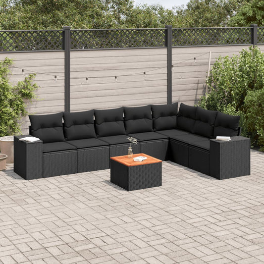 8-piece garden sofa set with cushions, black poly rattan