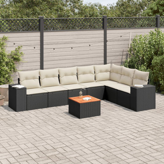 8-piece garden sofa set with cushions, black poly rattan