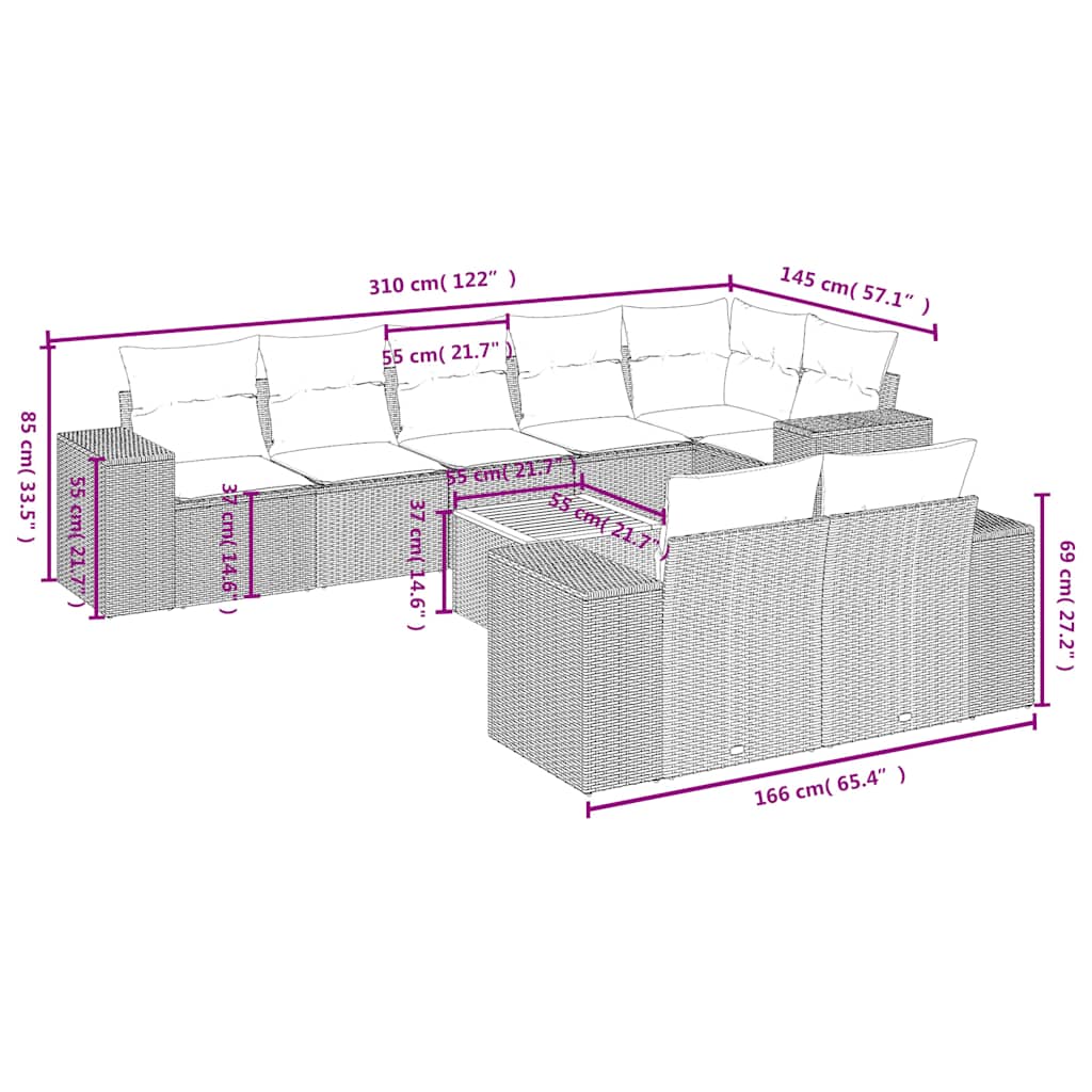 9-teiliges Gartensofa-Set mit Kissen, grau, Polyrattan