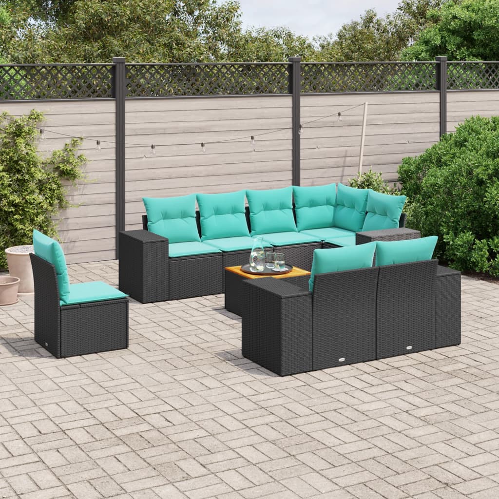 9-teiliges Gartensofa-Set mit Kissen, schwarzes Polyrattan