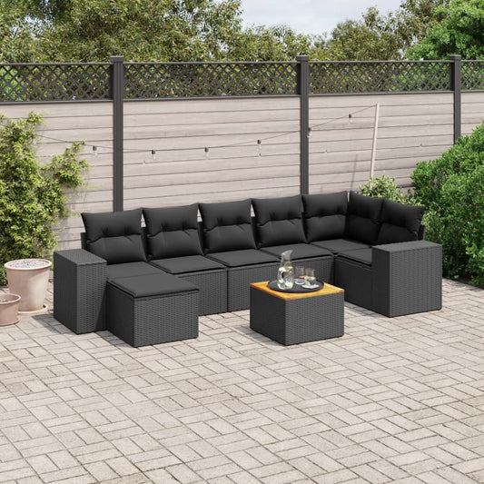 8-piece garden sofa set with cushions, black poly rattan