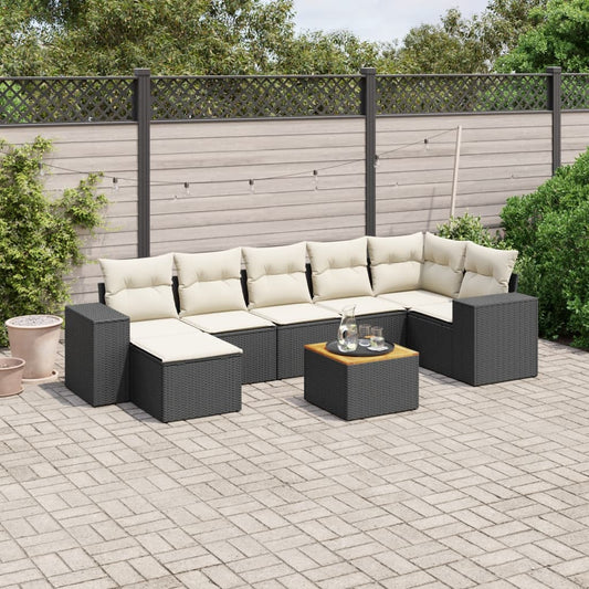 8-piece garden sofa set with cushions, black poly rattan