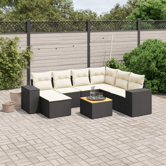 8-piece garden sofa set with cushions, black poly rattan
