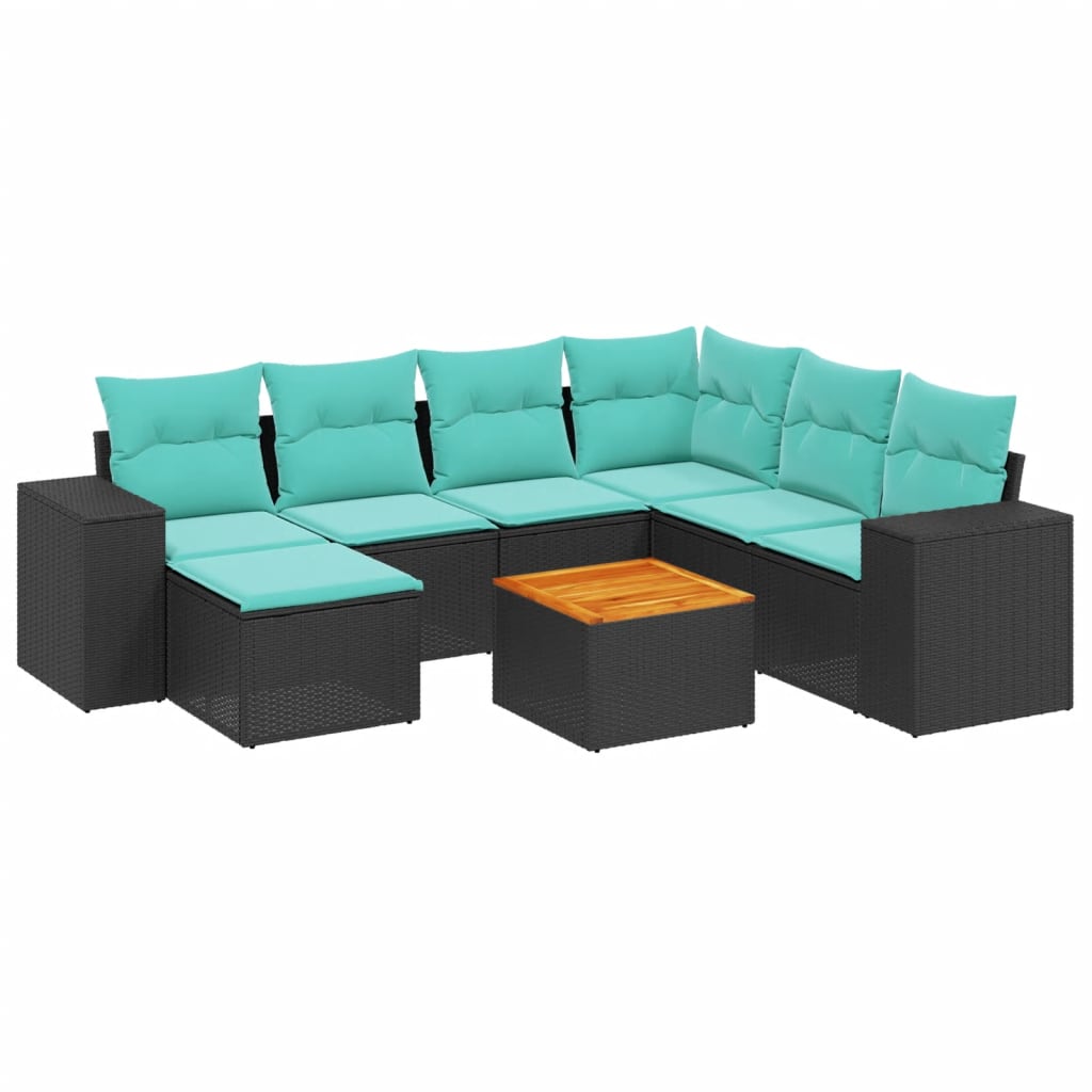 8-teiliges Gartensofa-Set mit Kissen, schwarzes Polyrattan