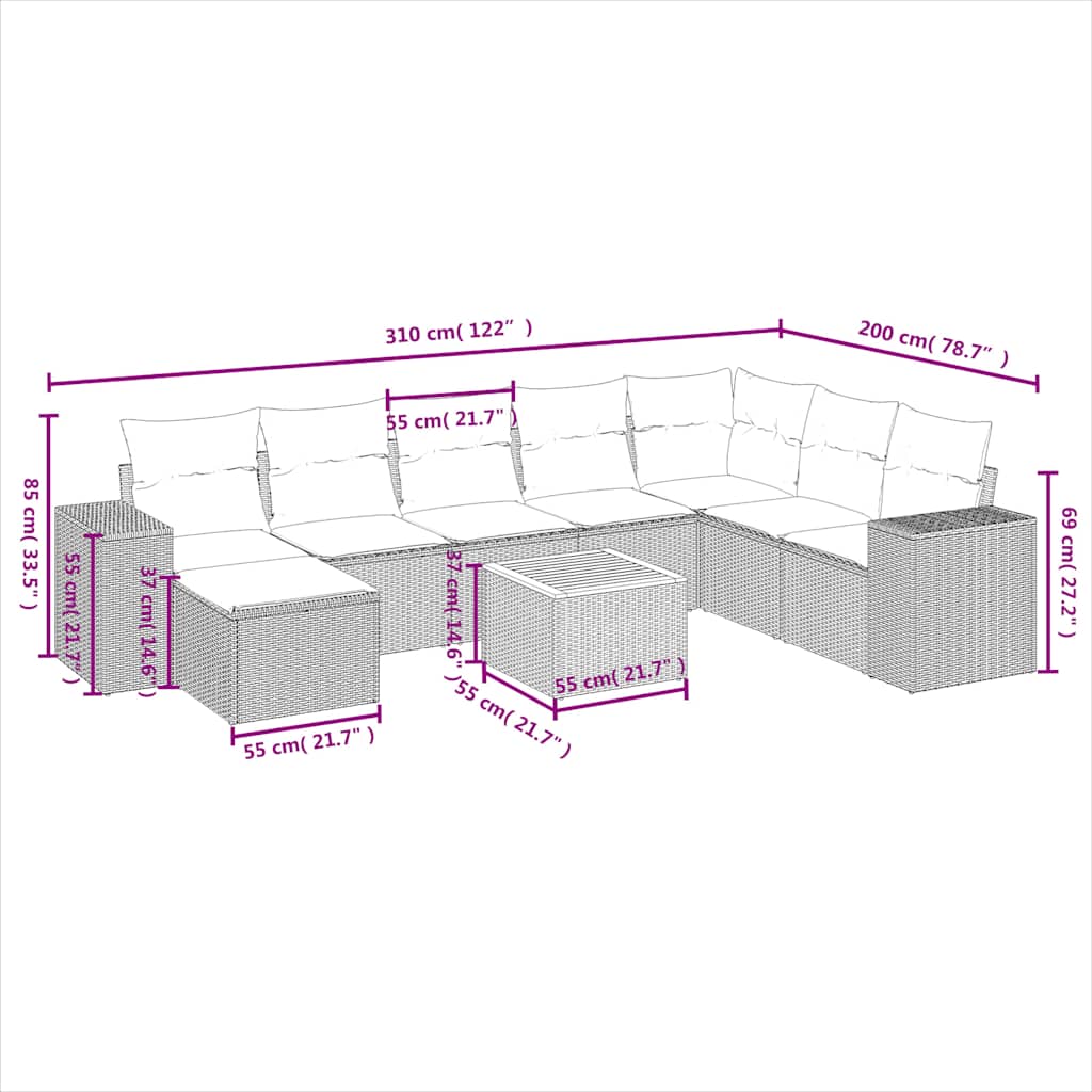 9-teiliges Gartensofa-Set mit Kissen, schwarzes Polyrattan