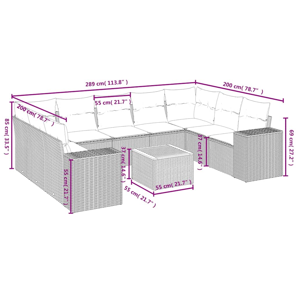 10-teiliges Gartensofa-Set mit Kissen, schwarzes Polyrattan