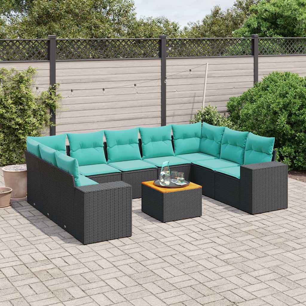 10-teiliges Gartensofa-Set mit Kissen, schwarzes Polyrattan