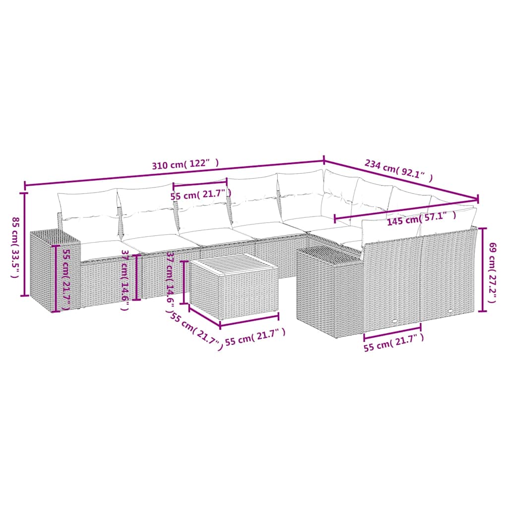 10-teiliges Gartensofa-Set mit Kissen, schwarzes Polyrattan