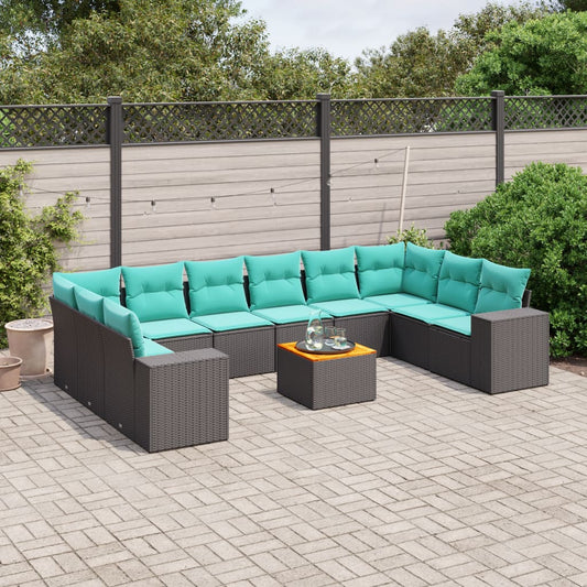 11-teiliges Gartensofa-Set mit Kissen, schwarzes Polyrattan