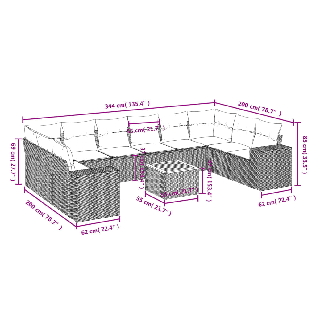 11-teiliges Gartensofa-Set mit Kissen, grau, Polyrattan