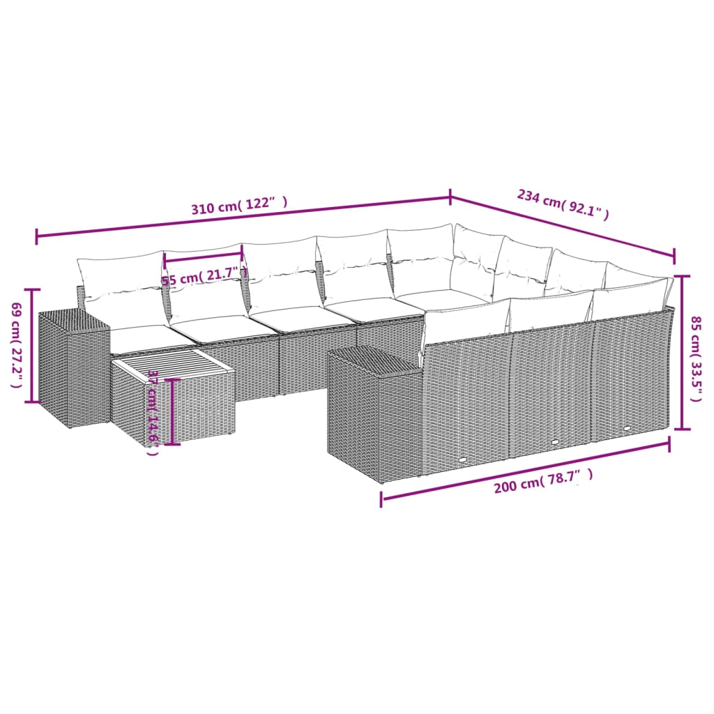 11-teiliges Gartensofa-Set mit Kissen, schwarzes Polyrattan