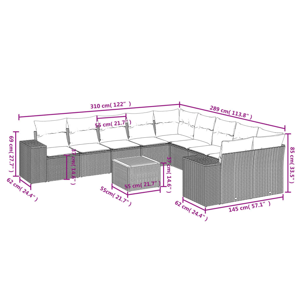 11-teiliges Gartensofa-Set mit Kissen, grau, Polyrattan