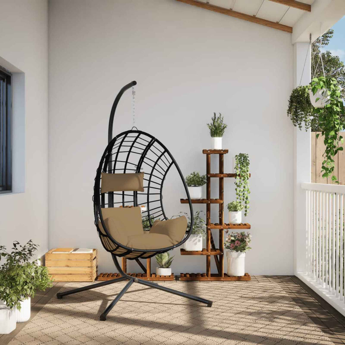 Hängesessel Ei-Design mit Ständer Taupe Rattan und Stahl