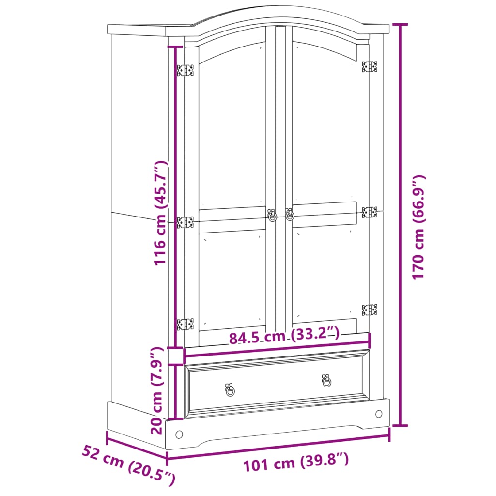 Armoire Corona 101x52x170 cm en bois de pin massif