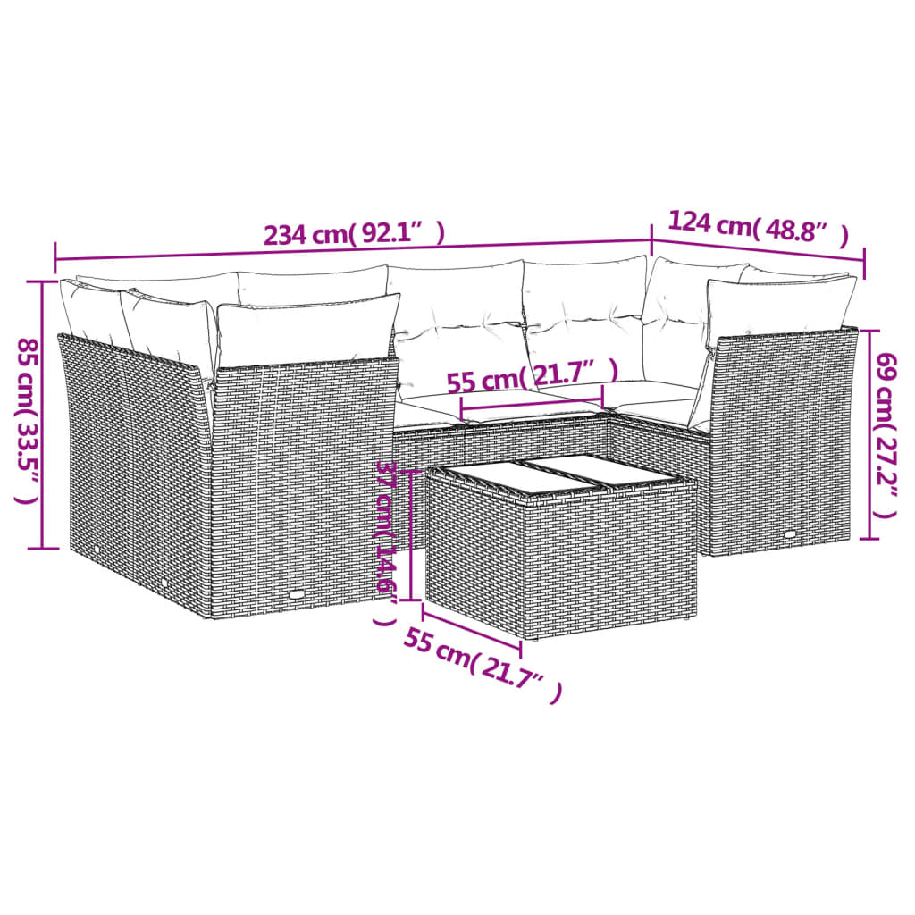 7-tlg. Garten-Sofagarnitur mit Kissen Braun Poly Rattan